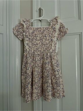 Amazon Essentials Cream Dress with Purple Floral Print and Lace Trim